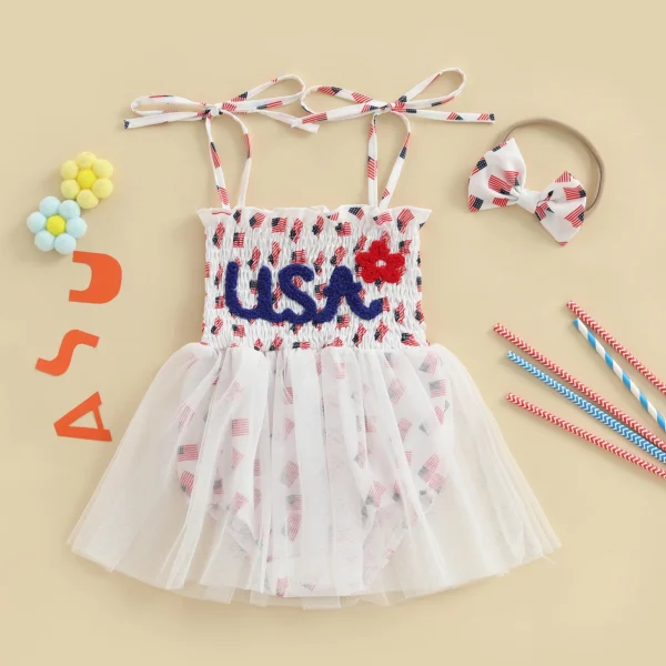 Baby Girl 4th of July Outfit American Flag Tie Shoulder Smocked Romper Dress Bow Headband 2 Piece Summer Set – Bild 2