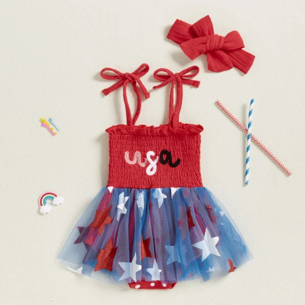 Independence Day Toddler Baby Girl 4th of July Bodysuit Dress Letter Embroidery Star Print Sleeveless Tie Strap Jumpsuit – Bild 2