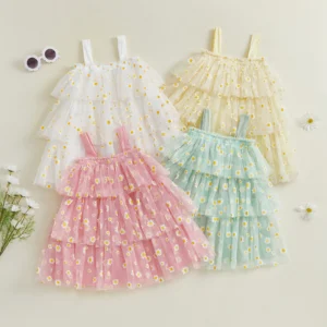 Kids Girls Summer Sweet Cami Dress Sleeveless Daisy Print Tiered A-line Tulle Dresses Clothes
