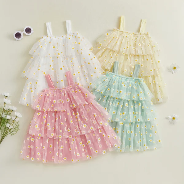 Kids Girls Summer Sweet Cami Dress Sleeveless Daisy Print Tiered A-line Tulle Dresses Clothes