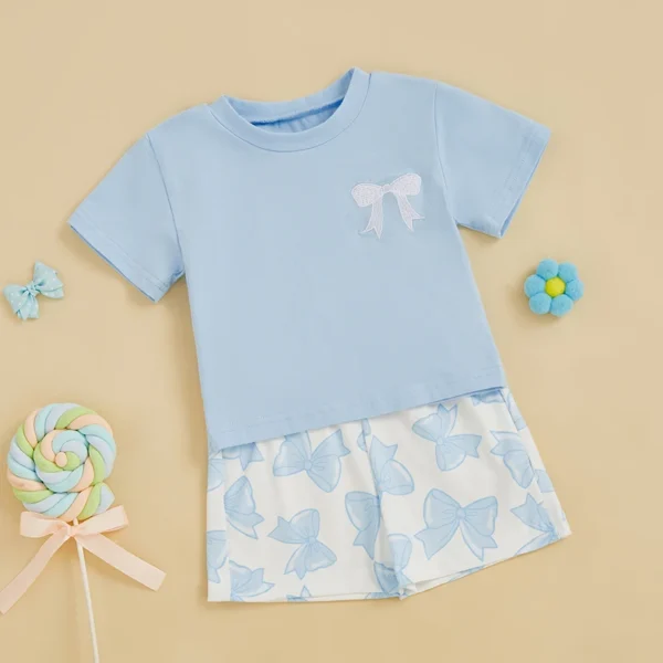 Toddler Girls 2 Piece Outfits Short Sleeve Bow Embroidery Tops and Bow Print Shorts Clothes Sets – Bild 2