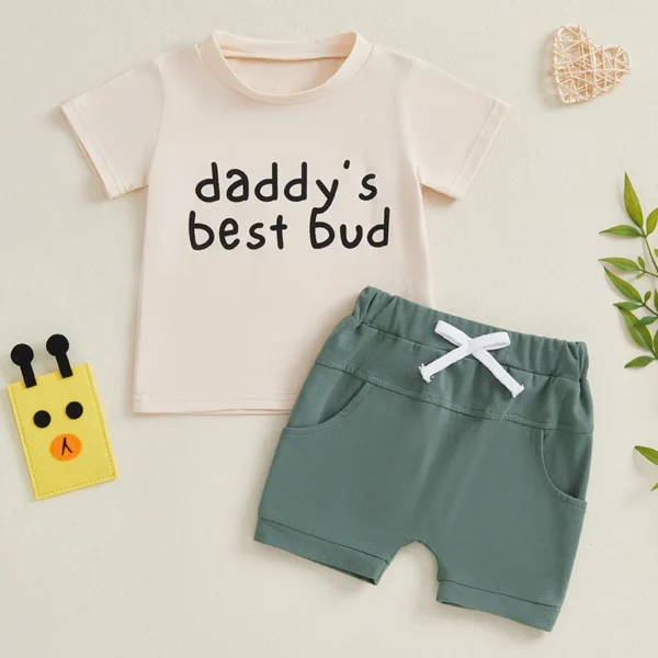 Toddler Baby Boys Summer Outfits Letter Print Short Sleeve Round Neck T-Shirts with Solid Shorts 2Pcs Set – Bild 2