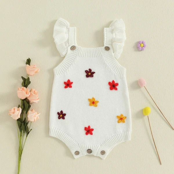 Baby Girls Spring Summer Knit Jumpsuits Flying Sleeve Flower Embroidery Overalls – Bild 2