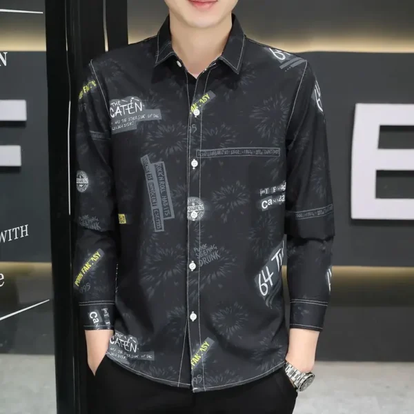 2025 New Autumn Men Long-sleeved Shirt Korean Style Slim and Handsome Prints Start to Be Iron-free and Anti-wrinkle Top – Bild 3
