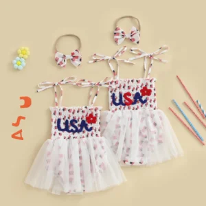 Baby Girl 4th of July Outfit American Flag Tie Shoulder Smocked Romper Dress Bow Headband 2 Piece Summer Set