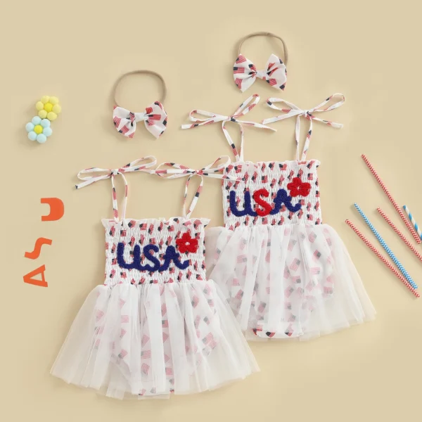 Baby Girl 4th of July Outfit American Flag Tie Shoulder Smocked Romper Dress Bow Headband 2 Piece Summer Set