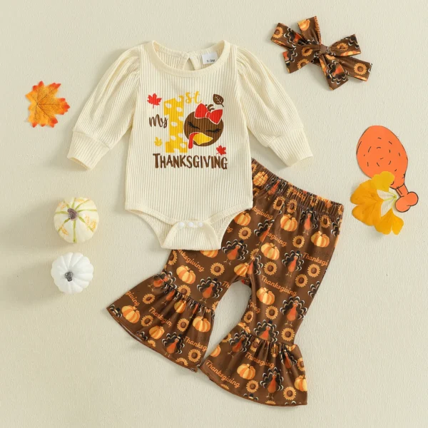 Baby Girl Thanksgiving Outfits Turkey Letter Print Crew Neck Long Sleeve Romper Flare Pants Headband 3Pcs Clothes Set – Bild 2
