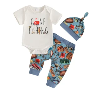 Infant Baby Boys Summer Outfits Letter Print Short Sleeve Rompers Print Long Pants Hat 3Pcs Clothes Set
