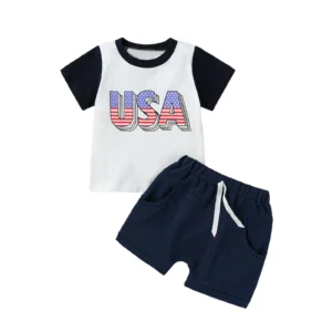 Summer Independence Day Toddler Baby Boys Outfits Letter Print Short Sleeve T-Shirt and Elastic Shorts Clothes Set