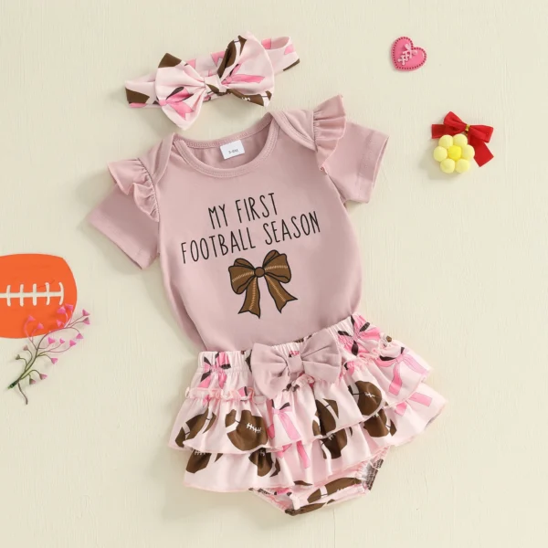 Baby Girl Summer Outfits Letter Bow Print Round Neck Short Sleeve Romper Elastic Waist Shorts Headband 3Pcs Clothes Set – Bild 2