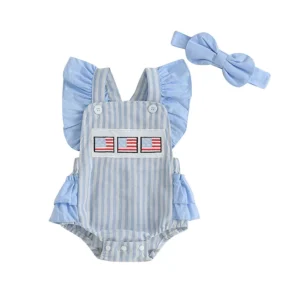 Baby Girl 4th of July Outfit Striped American Embroidery Ruffled Flying Sleeve Romper& Bow Headband 2 Pcs Set