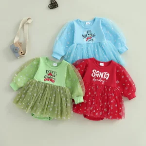 Baby Girls Christmas Romper Dress Long Sleeve Round Neck Tulle Patchwork Rompers