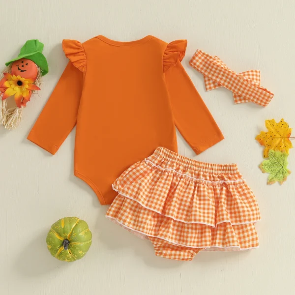 Baby Girl Halloween Outfit Pumpkin Face Embroidered Long Sleeve Romper Plaid Skirt with Bow Headband 3 Pcs Set – Bild 2