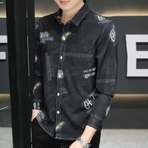 2025 New Autumn Men Long-sleeved Shirt Korean Style Slim and Handsome Prints Start to Be Iron-free and Anti-wrinkle Top