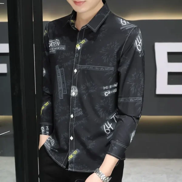 2025 New Autumn Men Long-sleeved Shirt Korean Style Slim and Handsome Prints Start to Be Iron-free and Anti-wrinkle Top