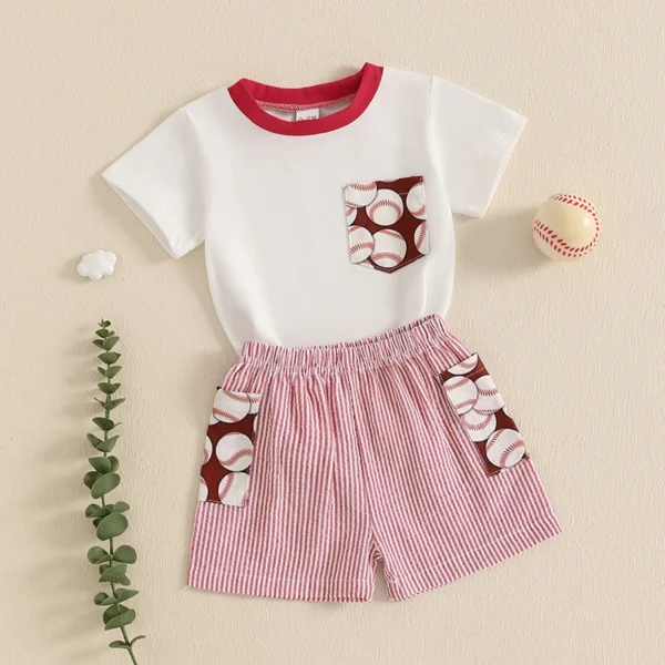 Summer Toddler Baby Boys Shorts Set Short Sleeve Pocket T-Shirt and Striped Shorts Toddler Baseball Outfits – Bild 4