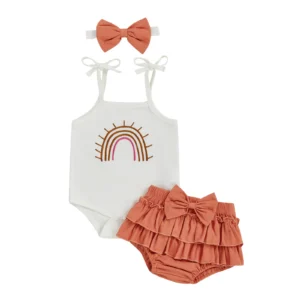 Baby Girl Summer Outfits Rainbow Embroidery Cami Romper + Solid Tiered Shorts + Bow Headband 3 Pcs Set