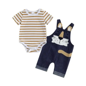 Baby Boy Pants Set Striped Short Sleeve Romper Dog Patch Suspender Pants 2 Piece Outfit