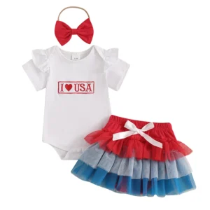 Independence Day Infant Baby Girl 4th of July Outfits Short Sleeve Romper + Layered Tulle Skirt + Headband Set Infant Clothes