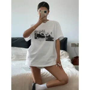 Women's Summer Pure Cotton Loose T-shirt Breathable Top Black White Letter Print Retro Street Style Casual Fashion