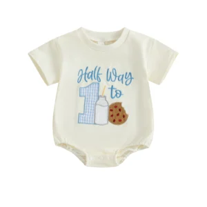 Baby Boy Birthday Jumpsuit Short Sleeve Round Neck Letter Number Biscuit Embroidery Romper