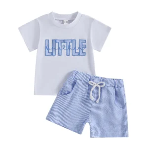 Toddler Baby Boy Shorts Set Striped Letter Embroidered Short Sleeve T-shirts Striped Elastic Waist Shorts 2 Piece Summer Outfit