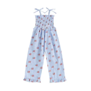 Little Girl 4th of July Jumpsuit American Flag Print Striped Smocked Sleeveless Baby Toddler Girl Overall Bottoms