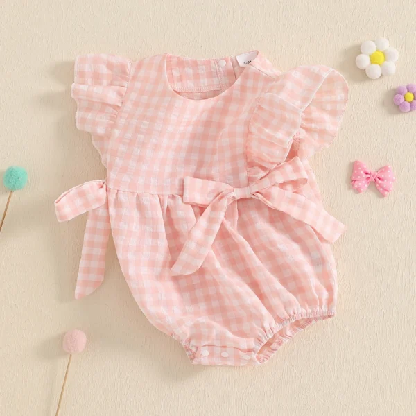 Baby Girl Plaid Print Romper Flutter Sleeves Round Neck Bow Jumpsuit for Summer Beach – Bild 3