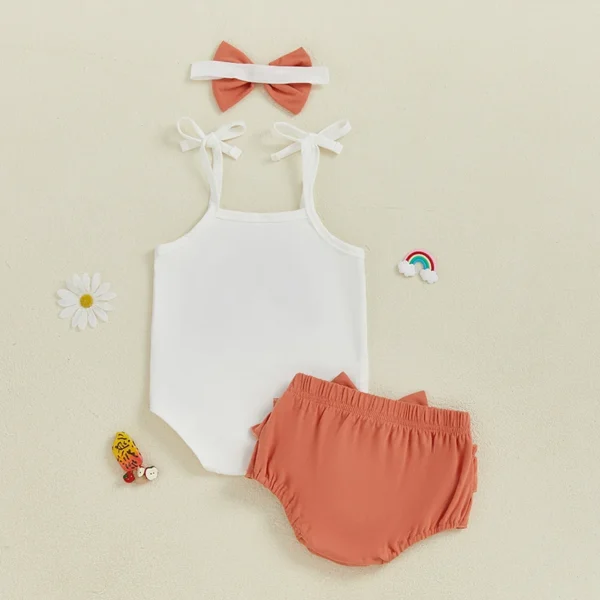 Baby Girl Summer Outfits Rainbow Embroidery Cami Romper + Solid Tiered Shorts + Bow Headband 3 Pcs Set – Bild 3