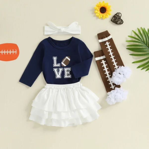 Baby Girls Cute Fall Outfit Rugby Letter Print Romper and Layered Skirt Headband Stocking 4 Piece Clothes – Bild 3