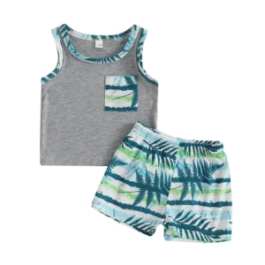 Toddler Baby Boy Shorts Set Leaf Print Sleeveless Tank Tops Elastic Waist Shorts 2 Pcs Summer Outfit