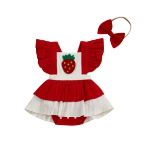 Baby Girl Summer Outfits Ruffle Sleeveless Strawberry Embroidery Romper with Headband Set Newborn Clothes