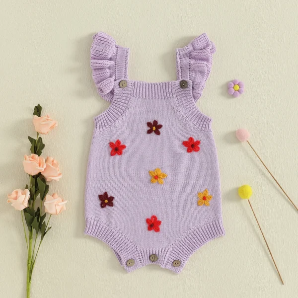 Baby Girls Spring Summer Knit Jumpsuits Flying Sleeve Flower Embroidery Overalls – Bild 3