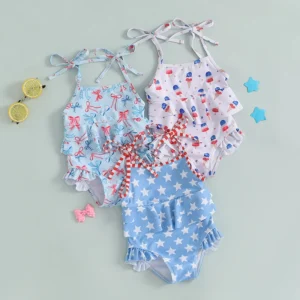 2025-03-13 Lioraitiin Toddler Baby Girl 4th of July Swimsuit Popsicle/Bow/Star Tie Shoulder Ruffle Bathing Suit Cute Beachwear