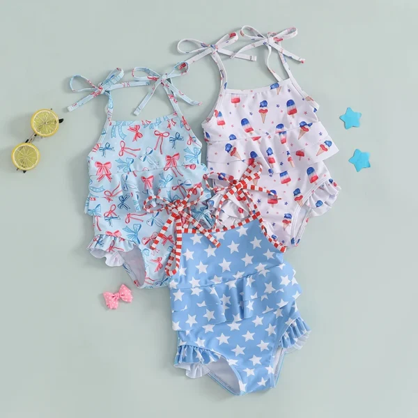 2025-03-13 Lioraitiin Toddler Baby Girl 4th of July Swimsuit Popsicle/Bow/Star Tie Shoulder Ruffle Bathing Suit Cute Beachwear