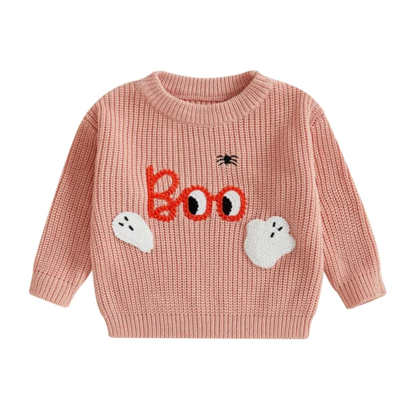 Baby Halloween Sweater Letter Ghost Embroidery Ribbed Crew Neck Long Sleeve Knitted Tops for Fall – Bild 6