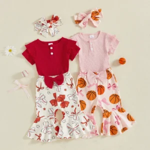 Baby Girls Summer Outfit, Short Sleeve Romper with Bow Print Flare Pants and Headband