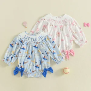 Baby Girls Romper, Long Sleeve Crew Neck Bow Print Embroidery Letters Bodysuit Clothes for Casual Daily