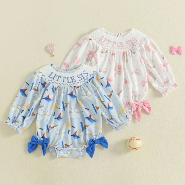 Baby Girls Romper, Long Sleeve Crew Neck Bow Print Embroidery Letters Bodysuit Clothes for Casual Daily