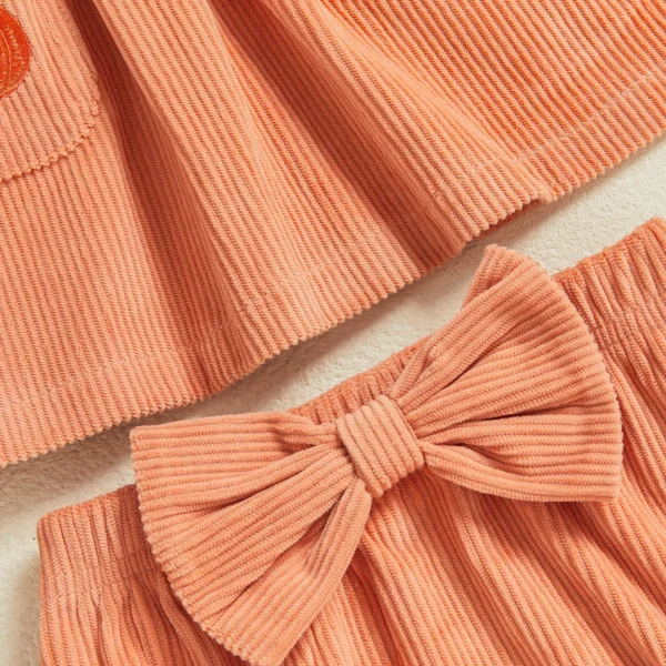 Toddler Baby Girl Halloween Outfit Pumpkin Letter Sleeveless Babydoll Tops Bow Elastic Waist Ruffle Shorts 2 Piece Set – Bild 5