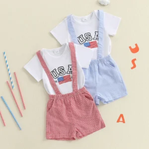 Baby Boy 4th of July Outfit Short Sleeve Letter Flag Embroidery Romper Plaid Suspender Shorts Sets