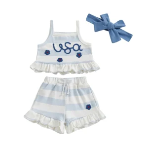 Independence Day Baby Girl Fourth of July Outfits Sleeveless Ruffle Tank Tops + Shorts Set Toddler Clothes