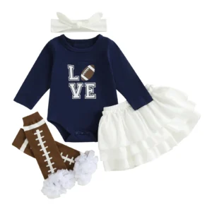 Baby Girls Cute Fall Outfit Rugby Letter Print Romper and Layered Skirt Headband Stocking 4 Piece Clothes