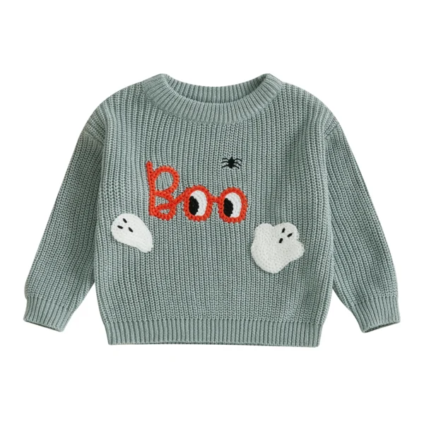 Baby Halloween Sweater Letter Ghost Embroidery Ribbed Crew Neck Long Sleeve Knitted Tops for Fall – Bild 3