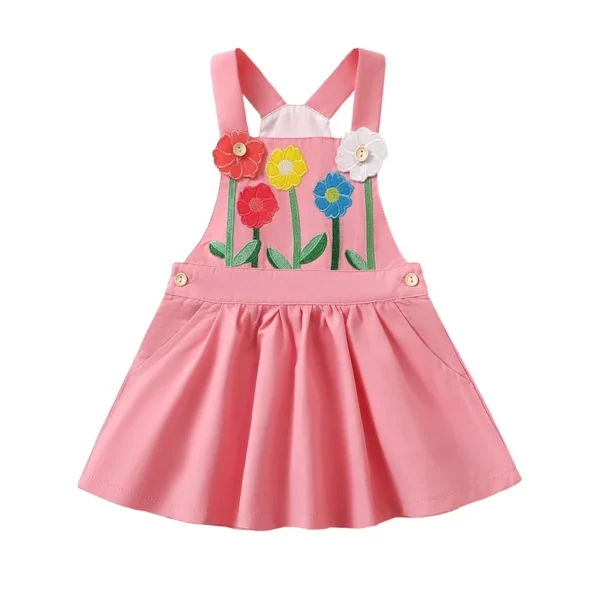Kids Baby Toddler Girl Overall Dress Flower Embroidery Square Neck A-line Princess Dress with Pockets Cute Summer Clothes