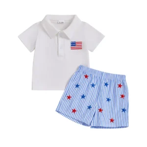 Boys Independence Day Shorts Sets Short Sleeve Lapel Tops Star Stripe Print Shorts Outfits