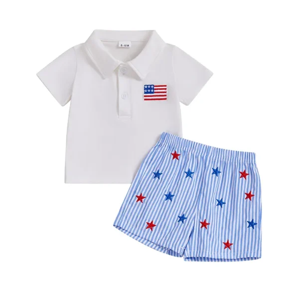Boys Independence Day Shorts Sets Short Sleeve Lapel Tops Star Stripe Print Shorts Outfits