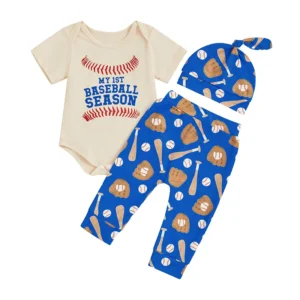 Infant Baby Boy Baseball Outfit Letter Short Sleeve Romper Baseball Pants Knotted Hat 3 Pcs Summer Set