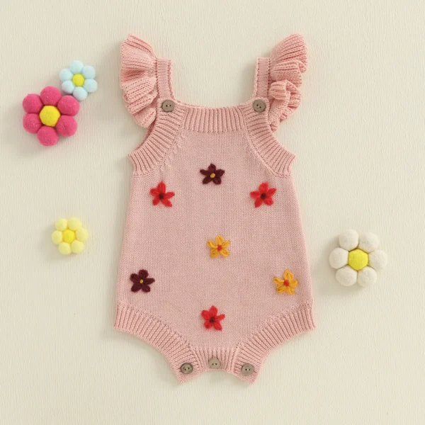 Baby Girls Spring Summer Knit Jumpsuits Flying Sleeve Flower Embroidery Overalls – Bild 4
