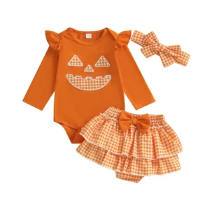 Baby Girl Halloween Outfit Pumpkin Face Embroidered Long Sleeve Romper Plaid Skirt with Bow Headband 3 Pcs Set